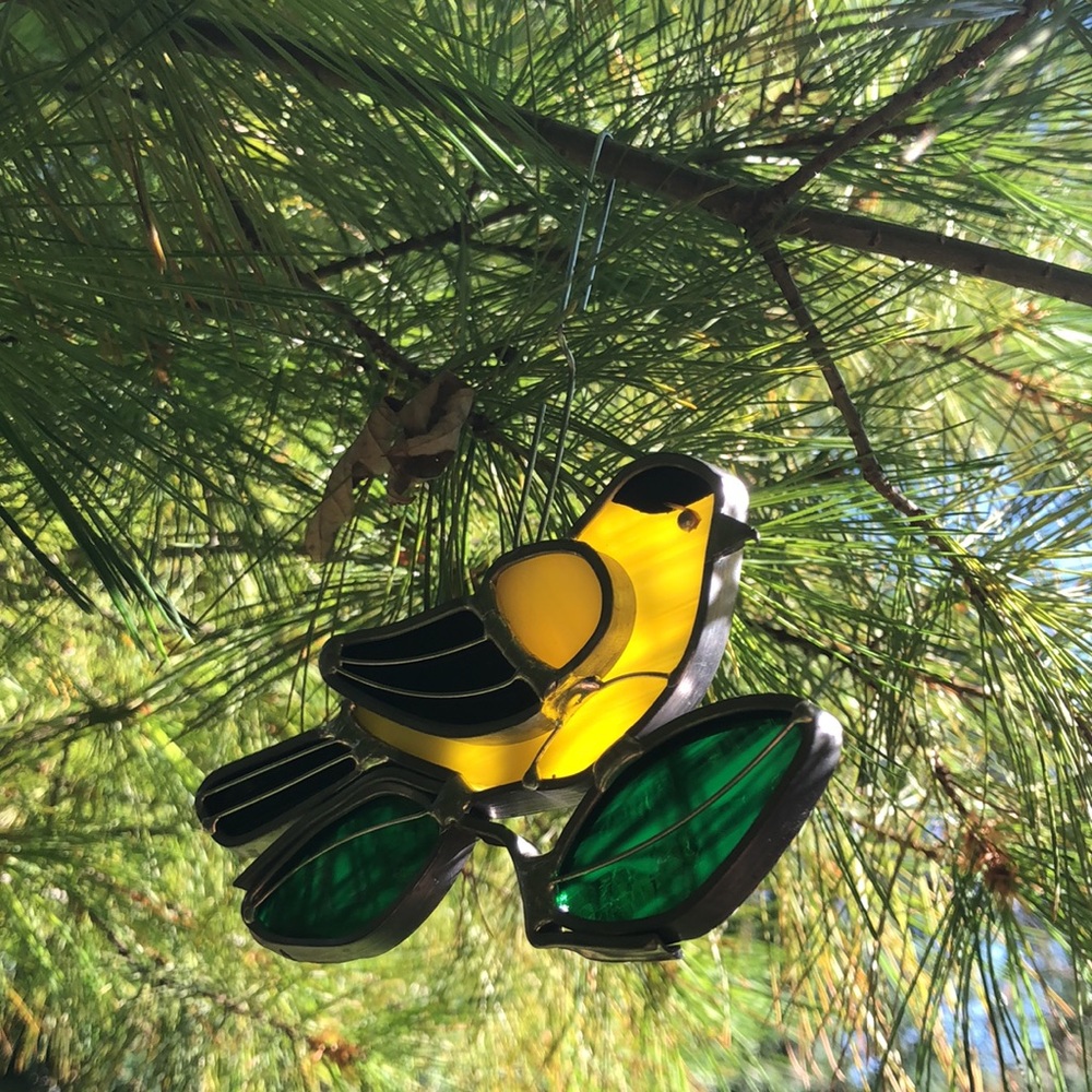 Vtg  American goldfinch on a branch Stained Glass  SunCatcher Ornament. Bird